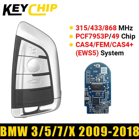 KeyChip 3 버튼 스마트 원격 키 315/433/868MHz ID49 칩 CAS4/CAS4+(EWS5)/FEM For BMW 2/3/5/7 시리즈 X5 2009-2018