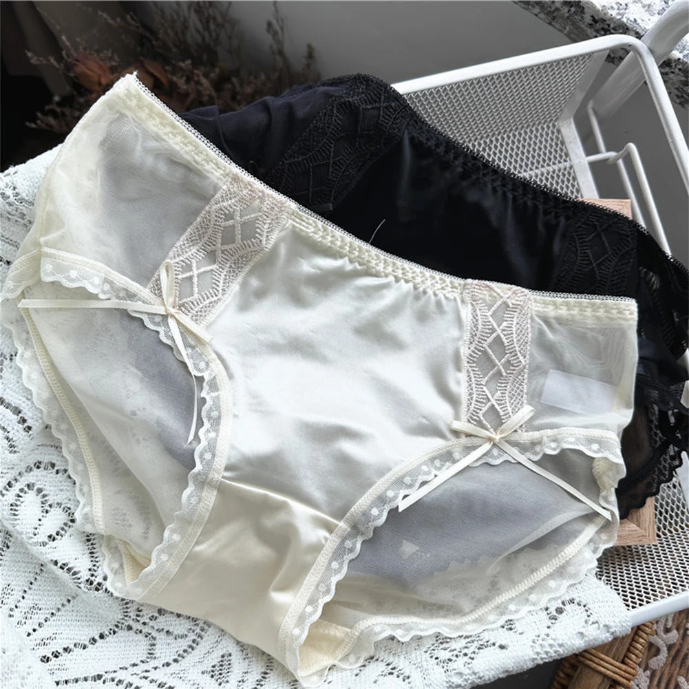 Sexy Womens Elastic Lingerie Light Luxury Shiny Ice Silk Mesh Underwear Lace Up Briefs Breathable Underpants Low Rise Panties