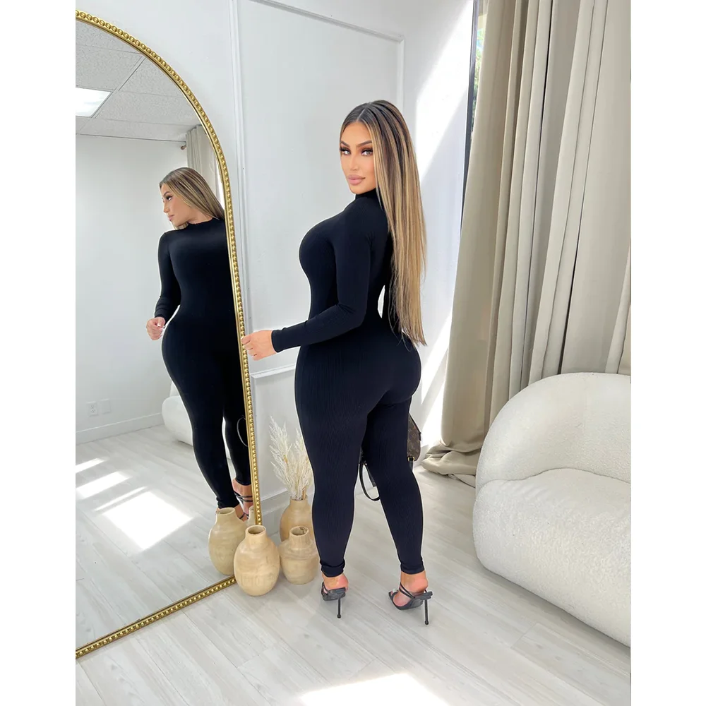 Tuta da donna a costine monopezzo a maniche lunghe Body elastico solido Body-shaping Tuta da yoga casual generale Leggings