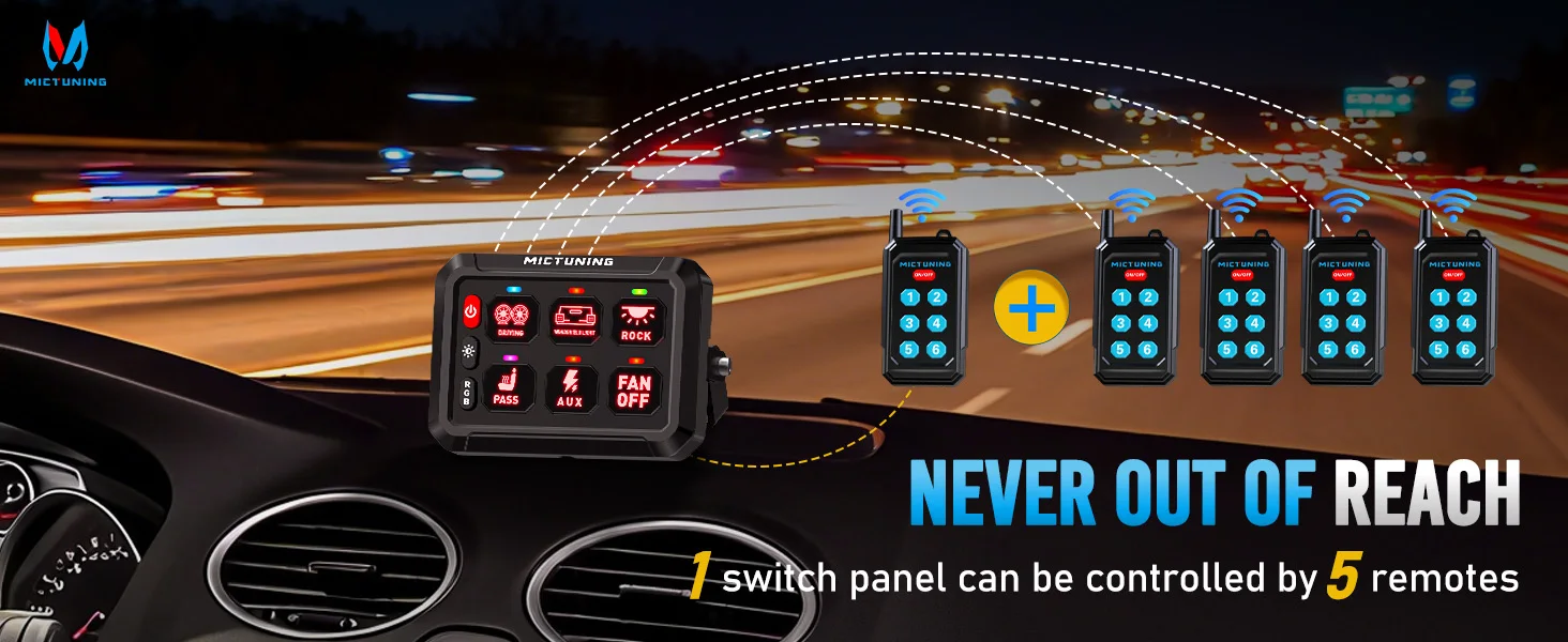 MICTUNING P1Y RGB 6-Gang-Schalttafel mit kabelloser Fernbedienung und App-Steuerung, Fernbedienung bis zu 230 Fuß, 12 V/24 V für LKW, Wohnmobil, Offroad – Detail 8