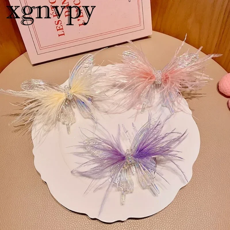 xgnvpy Children Colorful Feather Butterfly Hair Clip Fairy Beauty Princess Girl Hairpin Headdress Hair Accessories Baby Hair