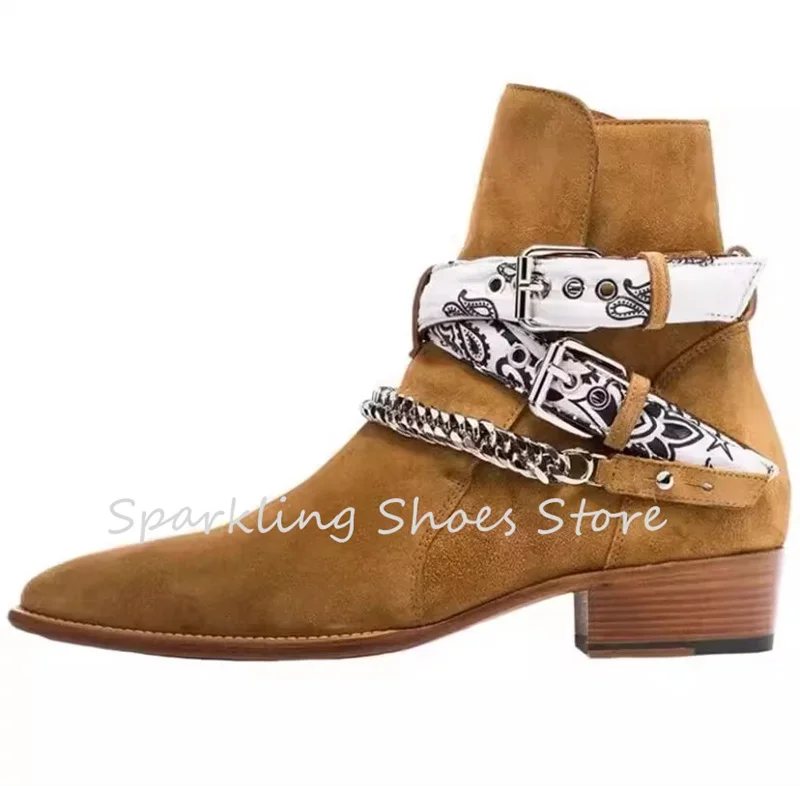 

Мужские ботинки челси в британском стиле с пряжкой и ремешком, ковбойские ботинки в стиле вестерн с металлической цепочкой и декором, мужские повседневные короткие ботинки на массивном каблуке