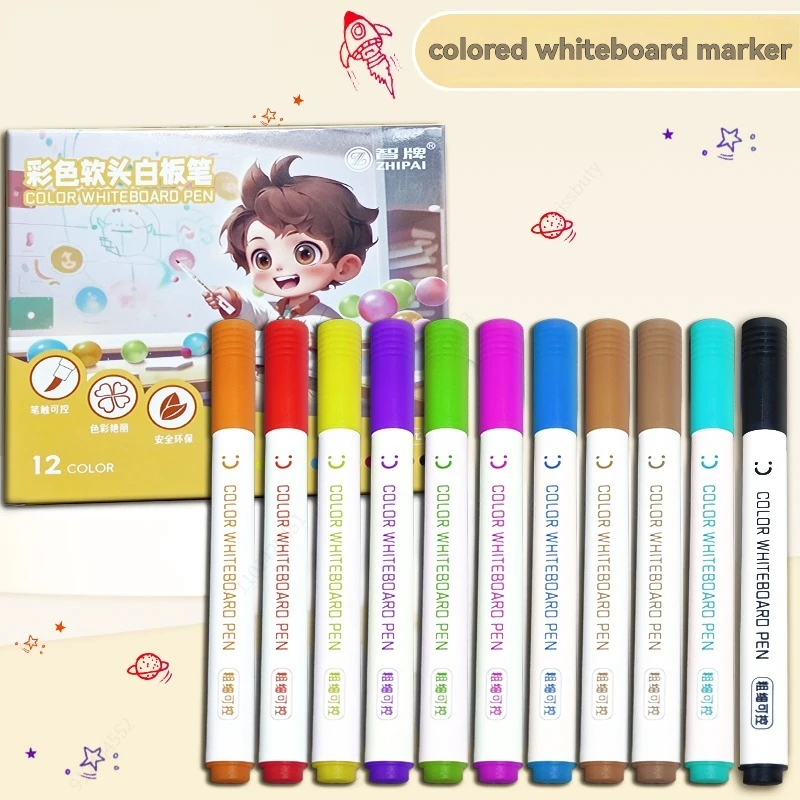12 Pcs Brush Tip Dry Erase Marker Pen Set, Whiteboard Markers, Wipe‑Off Drawing Pens for School Office Stationery Supplies