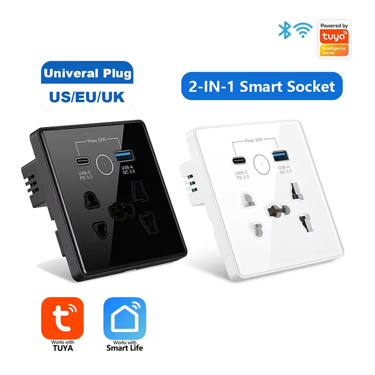 

SSR Tuya WiFi Smart Socket UK US EU Universal Plug USB 3.0 Type-C Port Outlet Smart Home Tuya App Works with Home,B