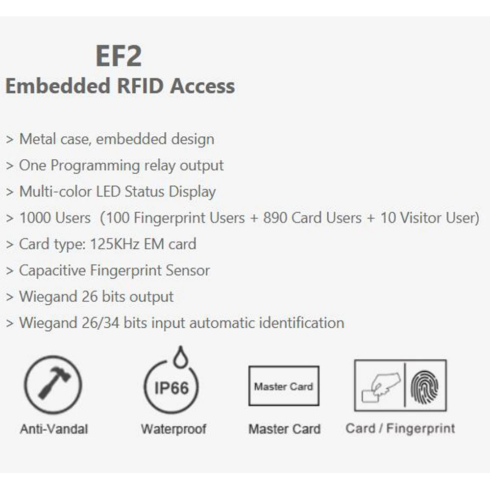 Embedded Access Control RFID Card Fingerprint 125KHz EM Access Control Machine lP66 Waterproof Wiegand Metal reader 1000 user