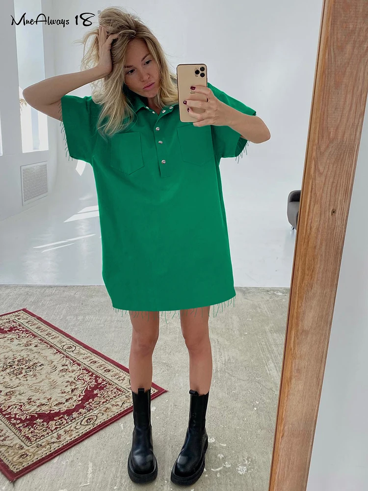 Mnealways18 Polo Straight Green T-Shirt Dress Half Sleeves Split Casual Loose Dress Summer 2024 Pockets Oversized Dress Ladies