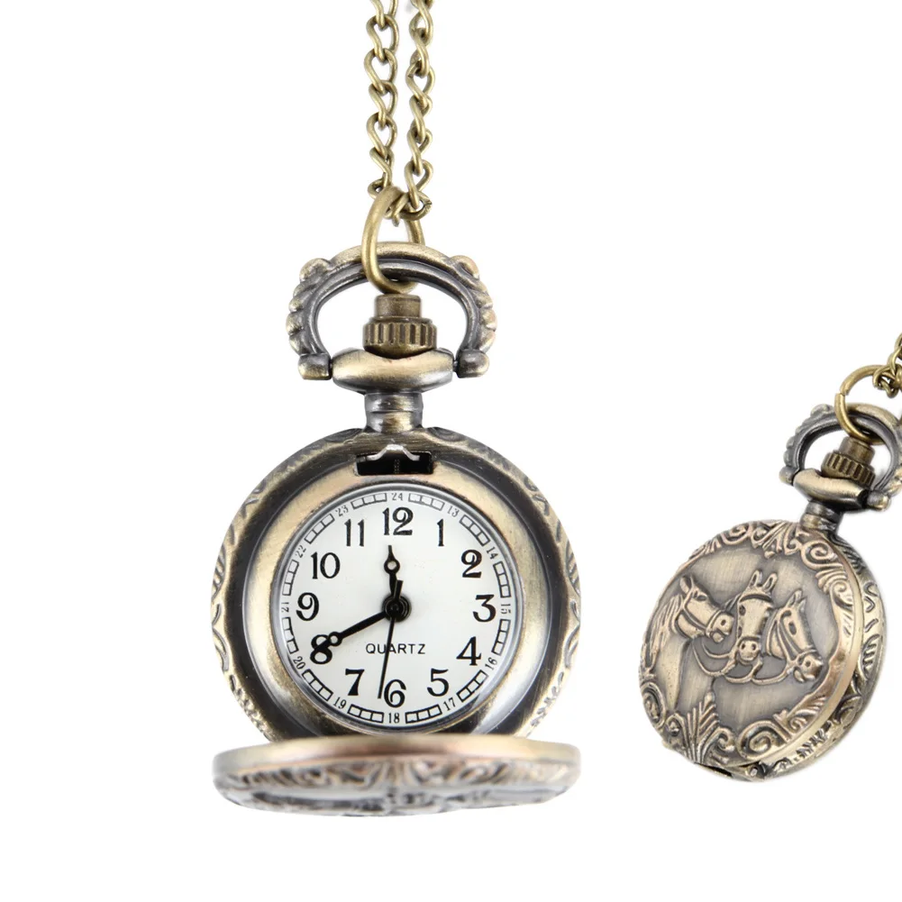 Vintage Paard Gesneden Ronde Quartz Fob Zakhorloge Met Ketting Ketting Retro Sieraden Geschenken Ll @ 17