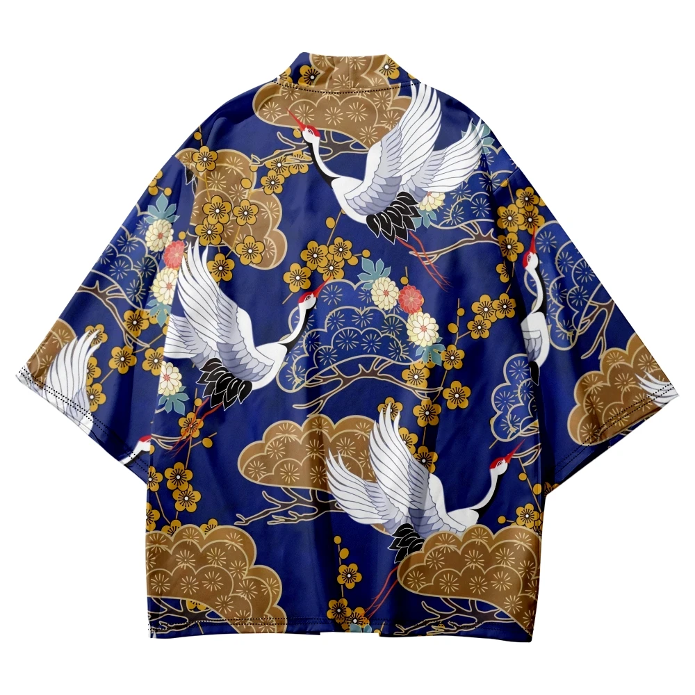 New Design Cartoon Crane Print Blue Kimono Japanese Traditional Streetwear Cardigan Robe Women Men Haori Top Yukata