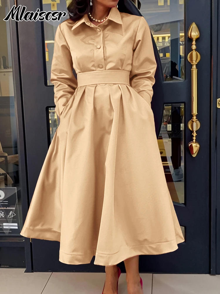 

Mlaiscsr Lapel Button A Lint Khaki Mid Dress Women Elegant Office Long Sleeve Bandage Pocket Pleated Birthday Commuter Vestidos