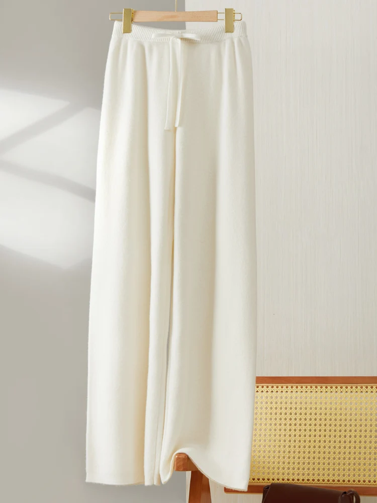 

Wide-Leg Pants 100% Merino Wool Knitted Thick Women's Fashion Solid Lace-up Soft Warm Autumn Winter Casual Loose Basic Bottoms