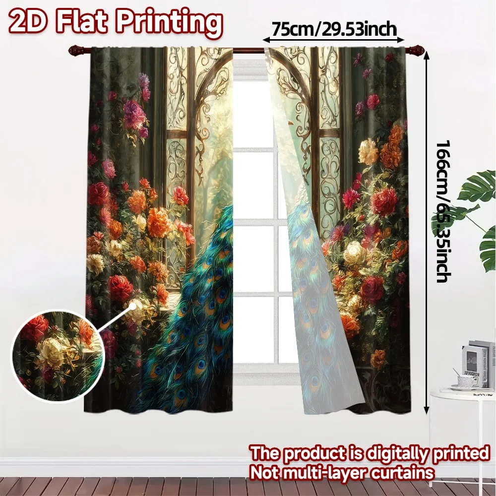 2pcs, 2D FLAT PRINTING Curtains (Without Rod) Peacock Garden Popular Contemporary Curtains Versatile Durable Polyester Curtains