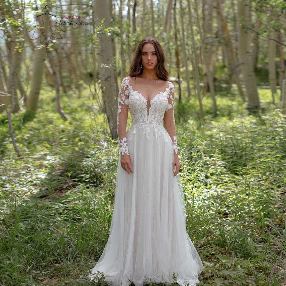 Classic Wedding Dresses Plus Size O Neck Long Sleeves Bride Gowns Appliques Backless Floor Length Tulle A-Line Robe De Mariee
