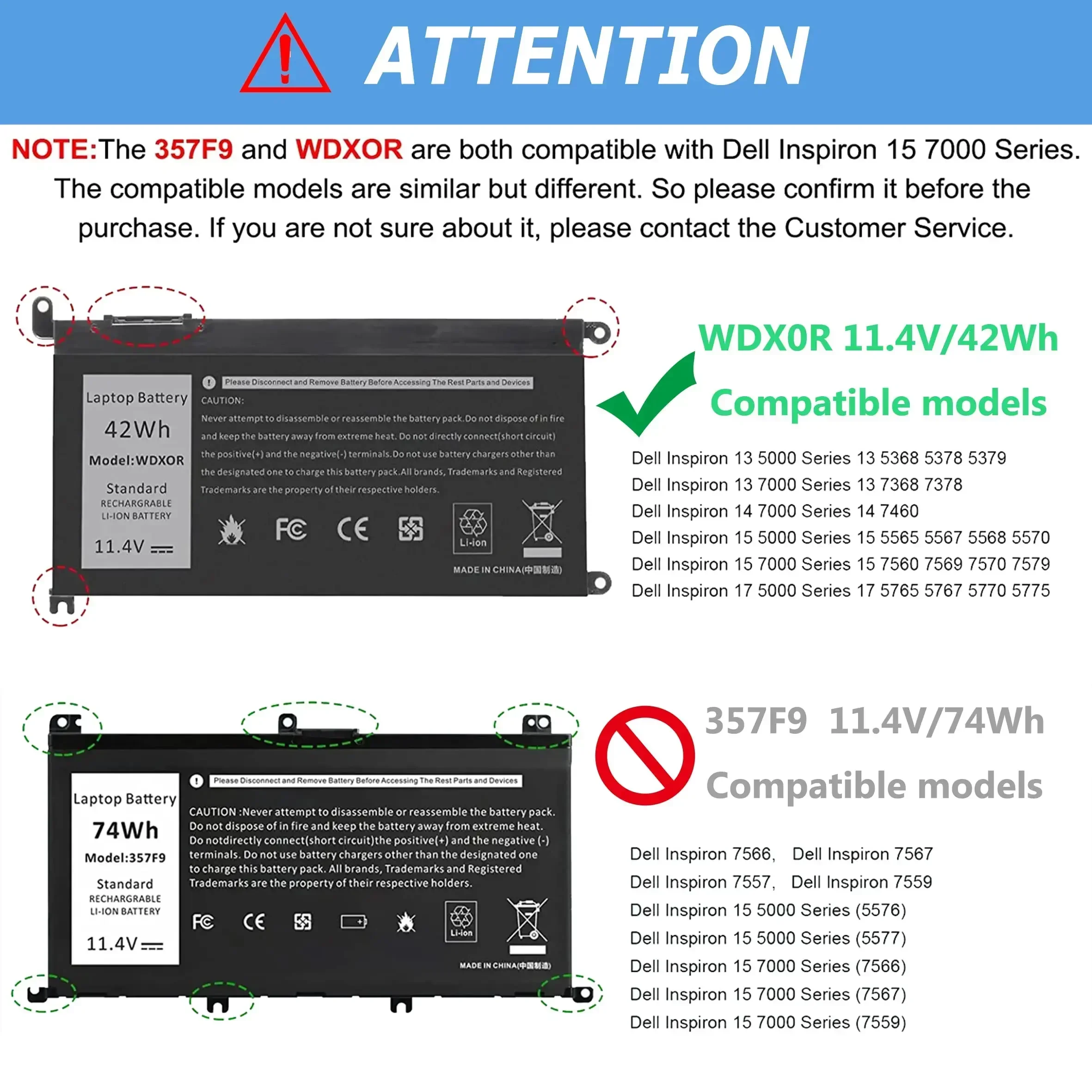 11.4V 42Wh WDX0R For 13 7378 7375 7368 5378 5368 5379 15 7579 7569 For Dell Inspiron 13 15 5000 7000 Series Laptop Battery