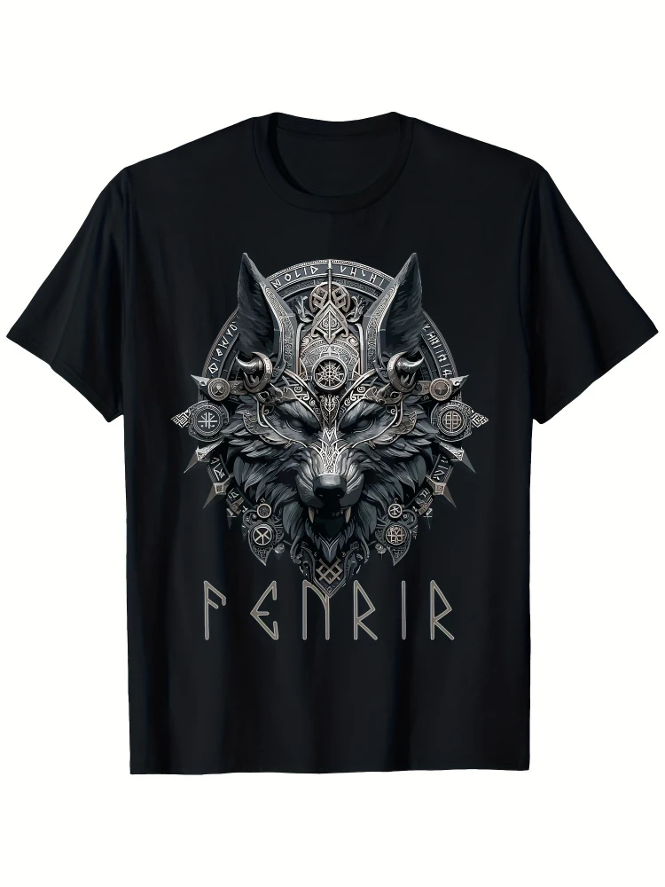 

Norse Mythology Pagan Nordic Wolf Design Ragnarok pattern -100% cotton short-sleeved O-neck men's printed T-shirt.