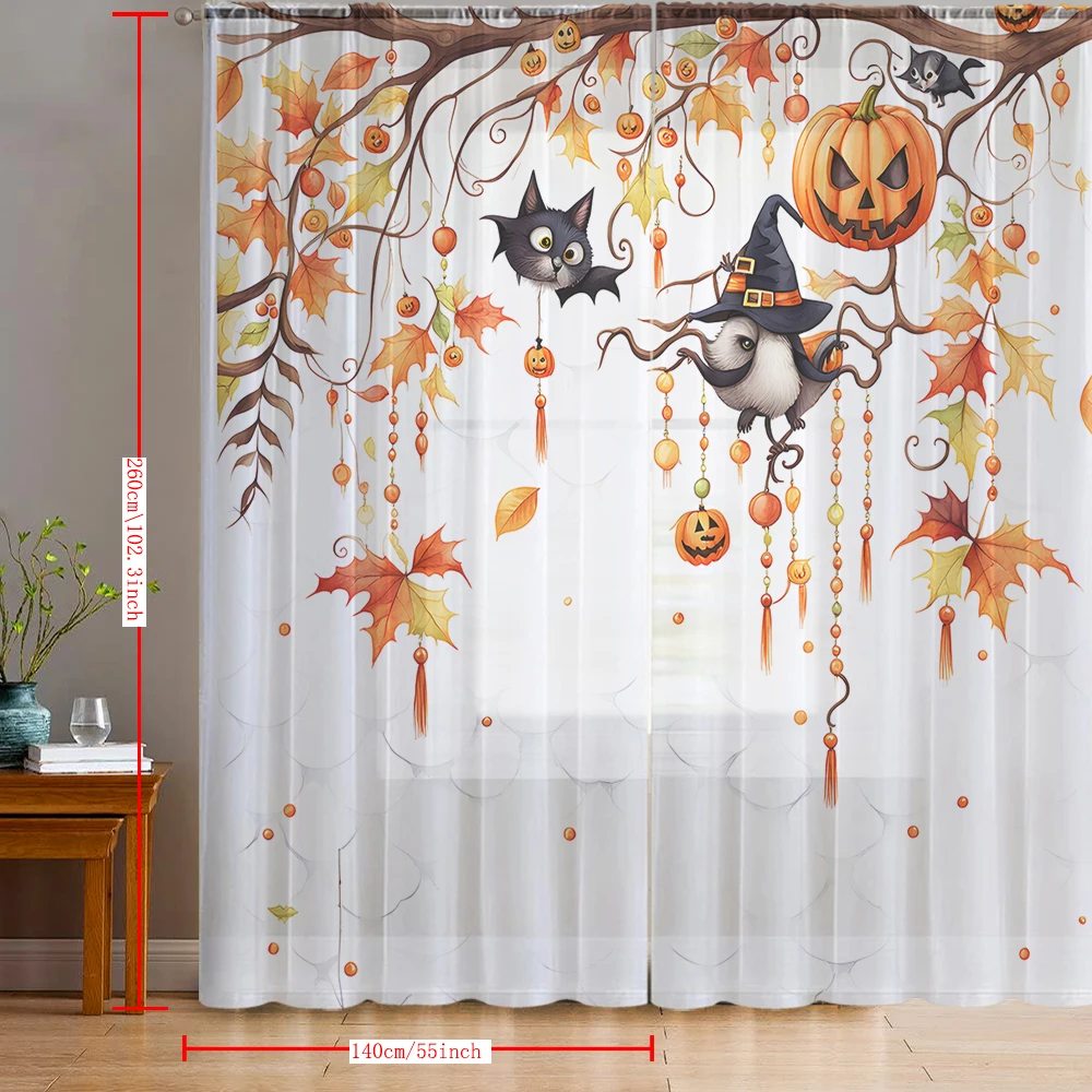 2PCS Home decoration printed window screens, pumpkin cats, with pole bags, suitable for kitchens, cafes, and living rooms