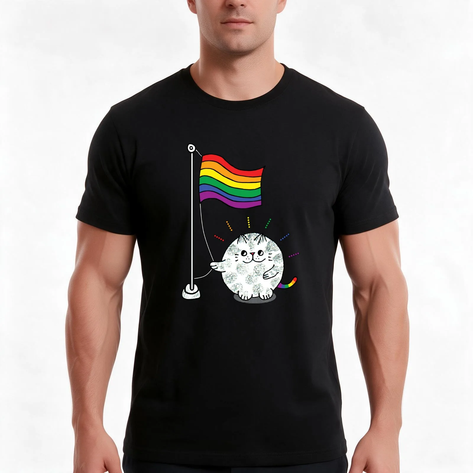Raise the pride flag lgbtq cat T-Shirt, Summer Casual Cotton Tee, Oversized Streetwear Tops, Vintage Graphic Print, 100% Cotton
