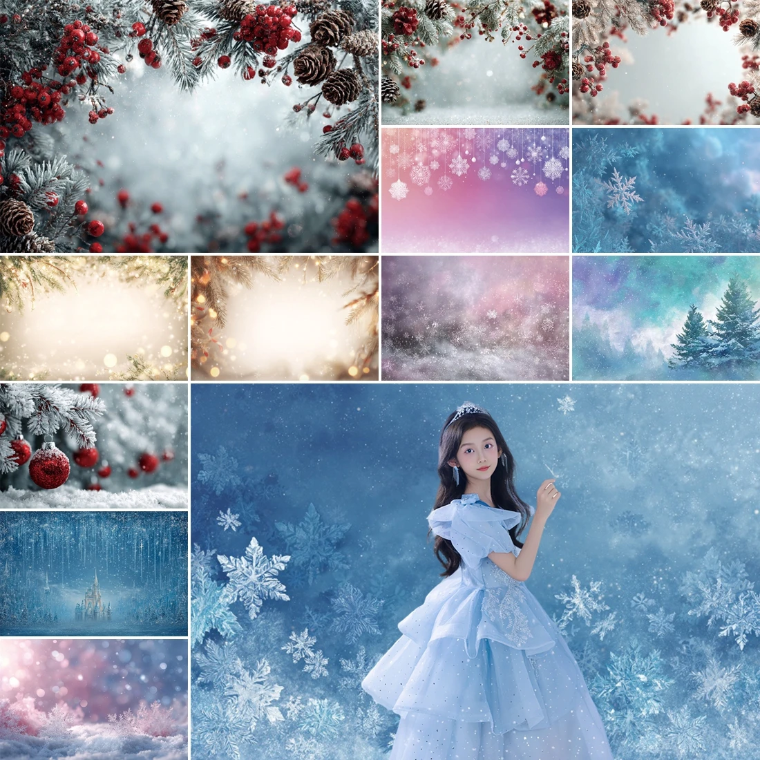 

MOON.QG Christmas Bokeh Light Backdrops For Photography Red Berries Snowflake Pine Branches Photo Background Banner Photo Booth