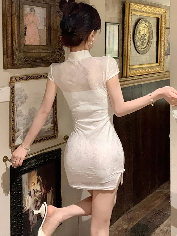 Summer White Jacquard Elegant Lace Sexy Mini Dress Women Short Sleeve Bodycon Hip Warp Dress 2024 Korean Vintage Festival Dress