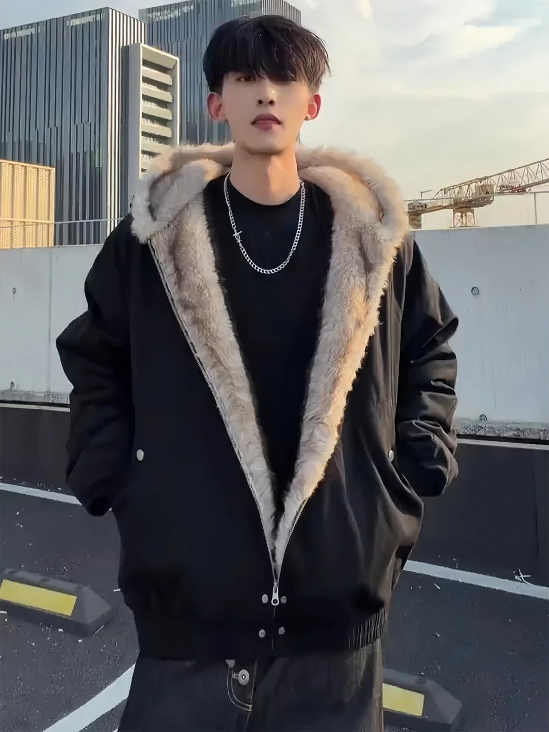 Black Short Cotton Jacket for Men Winter Thickened Fur Collar Hooded Coat Cleanfit Premium American Style Polyester Fiber