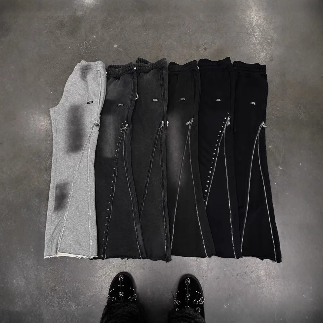 New Trousers Heavy Knitted Zipper Design Street Style Niche Fashion Distressed Men And Women Same Style Thread Black Pants Y2k