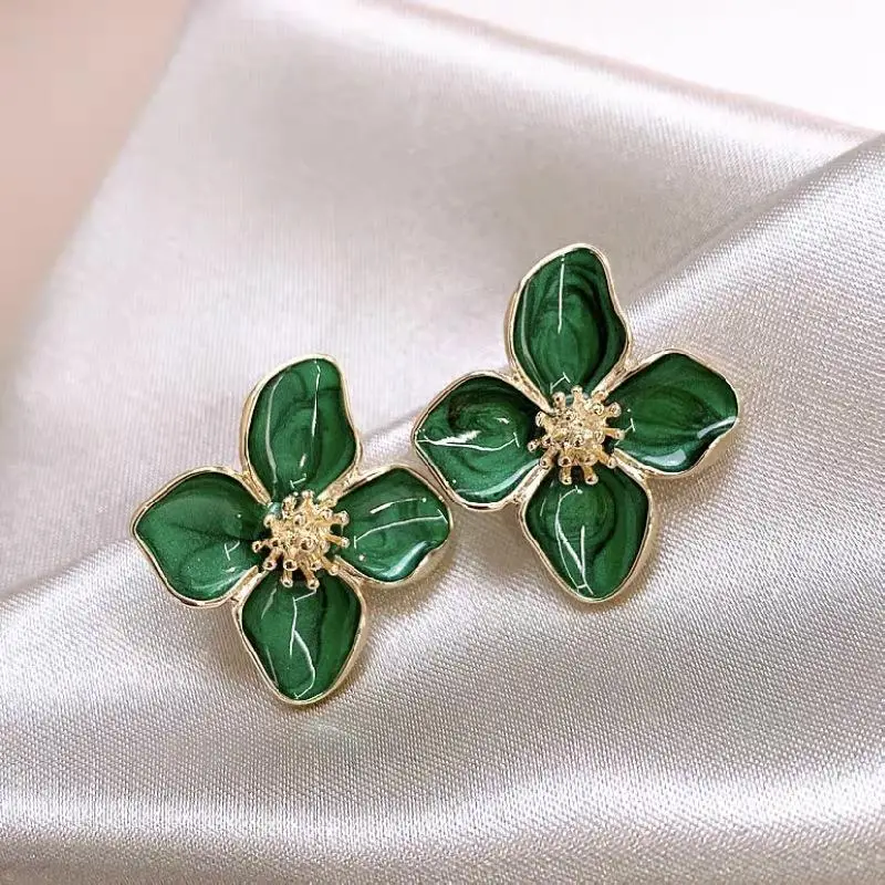 Hibiscus Dropped Glaze Flower Stud Earrings for Women Girl French Vintage 2024 Fashion Korean Wedding Romantic Jewelry Gifts