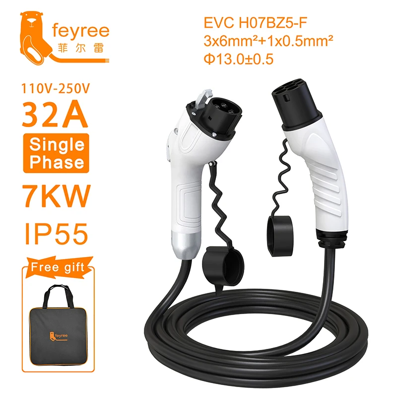 feyree EV Charging Cable J1772 Type1 to Type2 Female to Male Plug 32A 16A 5m Cable Electric Vehicle Cord for Car Charger Station