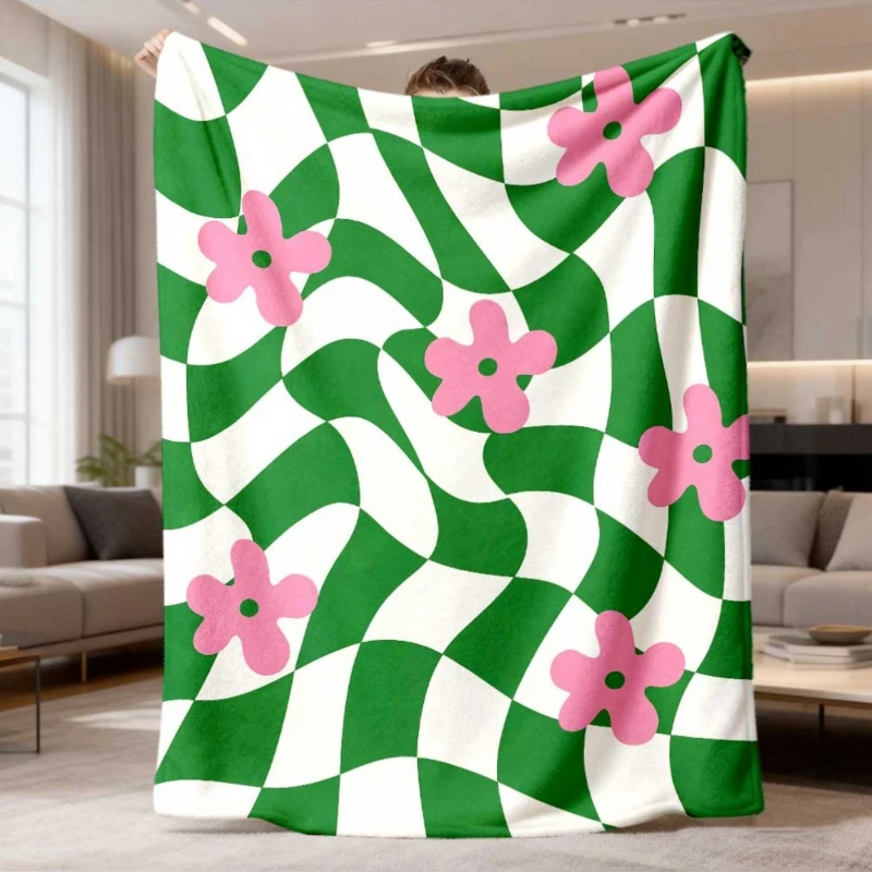 Wavy Check Pink Flower Minimal Throw Blanket,Warm Sofa,Chill Night Cover,Guest Room Cover,Birthday Anniversary Casual Gift