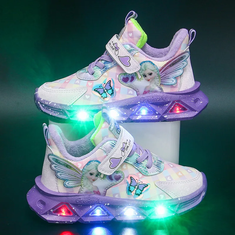 Kids LED Sport Shoes Disney Frozen Elsa Anna Running Shoes 2023 Fashion Tide Children Tennis Shoes Boys Luminous Casual Sneakers