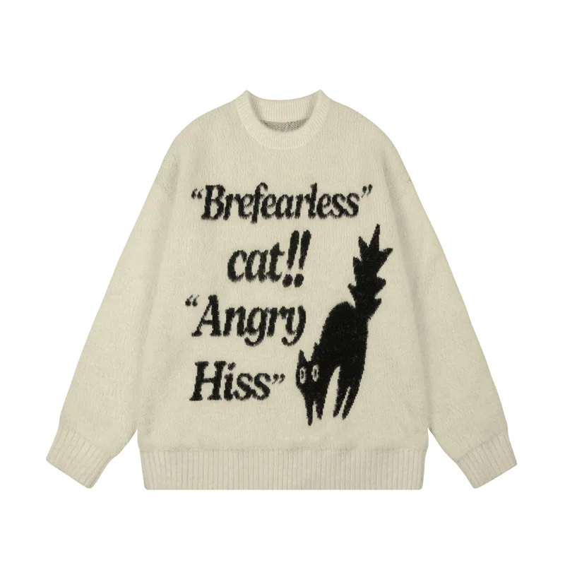 하이 스트리트 고양이 편지 자카드 스웨터 남자 가을 겨울 힙합 streetwear o-넥 니트 스웨터 여성 오버 사이즈 풀오버 탑