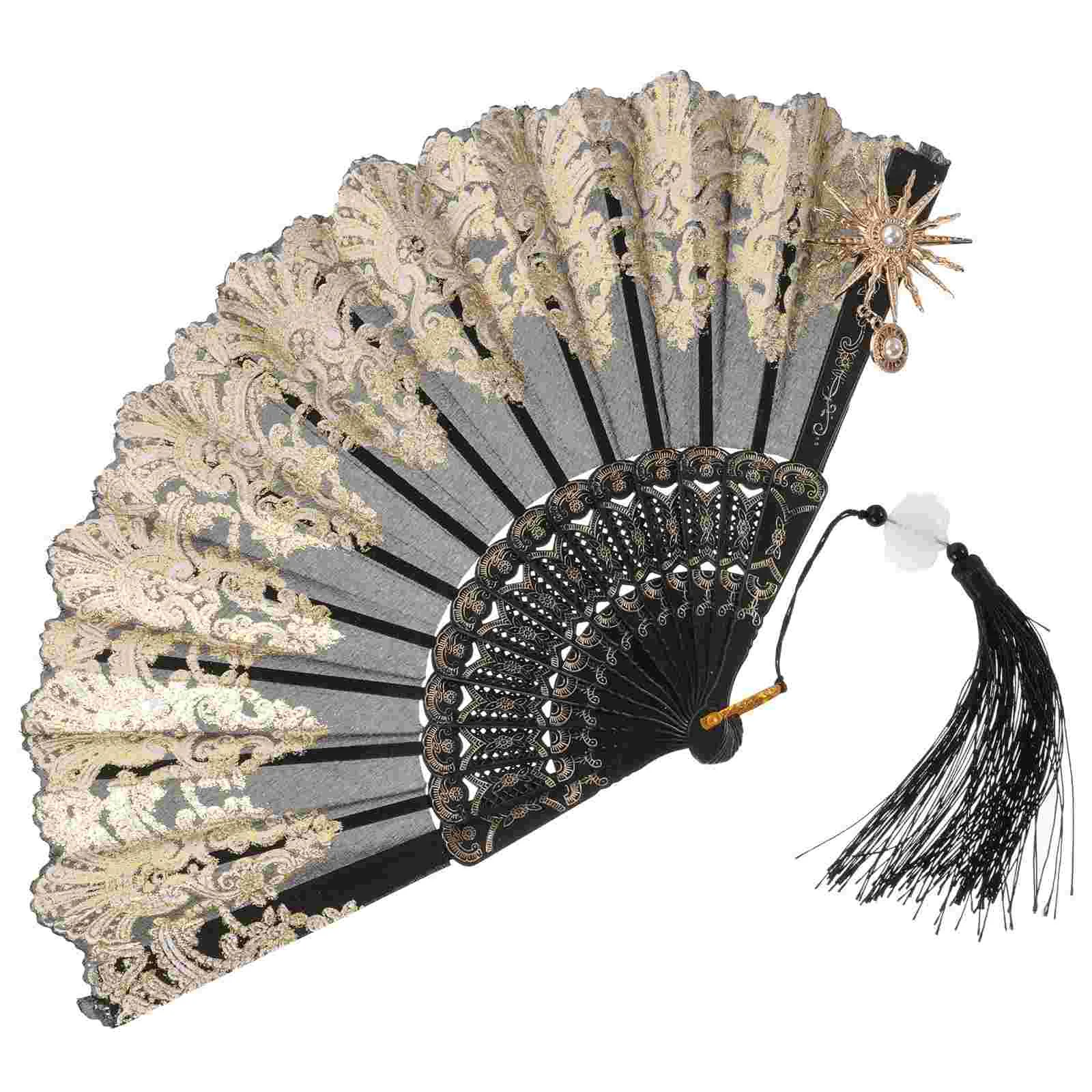 Palace Style Folding Fan Cloth Hand for Women Foldable Held Vintage Handheld Portable Wedding Pendant