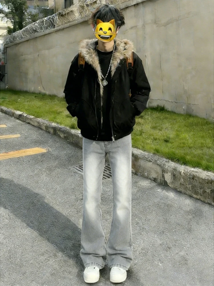 

Мужские джинсы-клеш с прямыми штанинами, молодежные, в американском стиле, с эффектом потертости, средняя посадка, на молнии