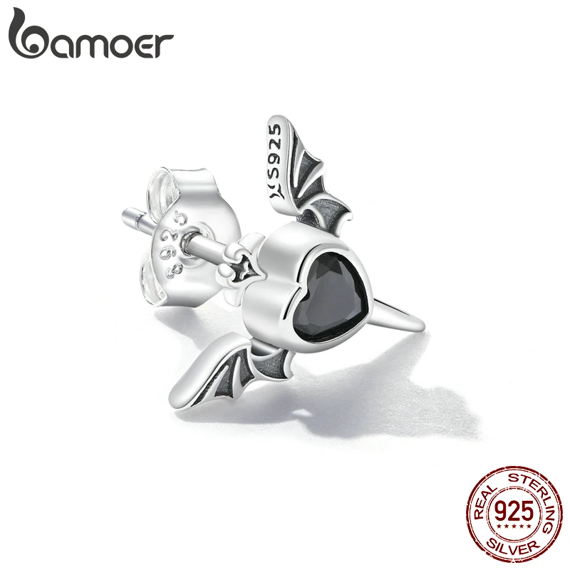 Bamoer 1PC Genuine 925 Sterling Silver Black Zirconium Love Wings Earrings for Women Cool Girl Stud Earrings Fine Jewelry Gift