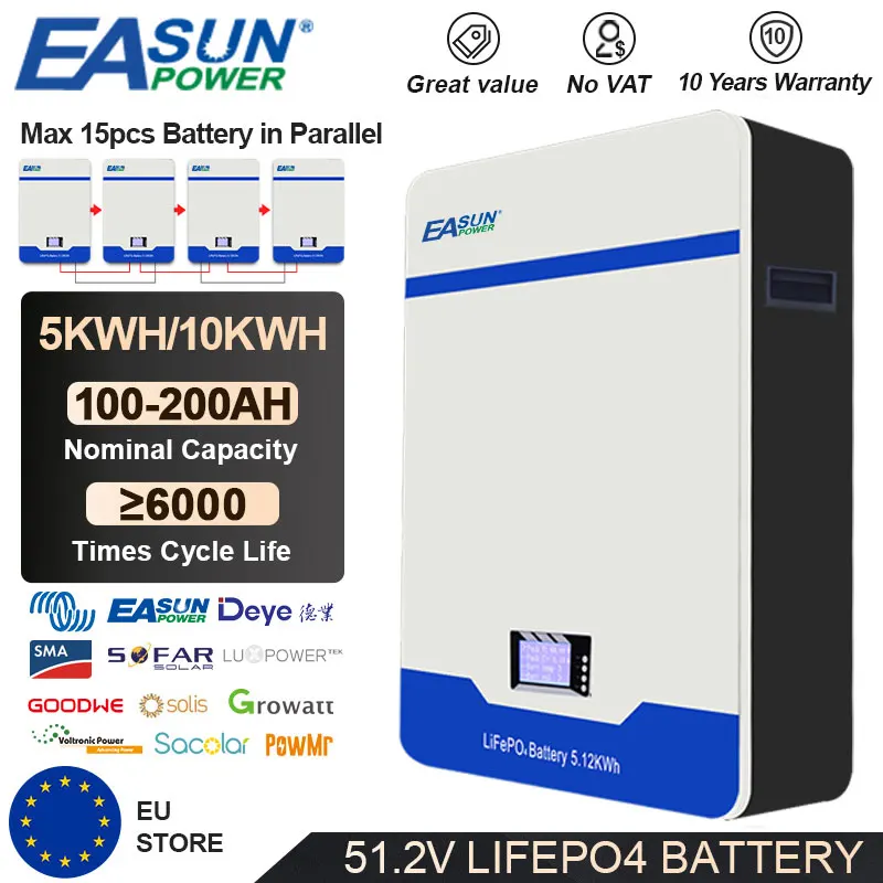 EASUN POWER 48V Powerwall 51.2V 200Ah 100Ah LiFePO4 Battery 6000+ Cycle CAN RS485 16S BMS 5KWH 10KWH For PV Solar Off/On Grid