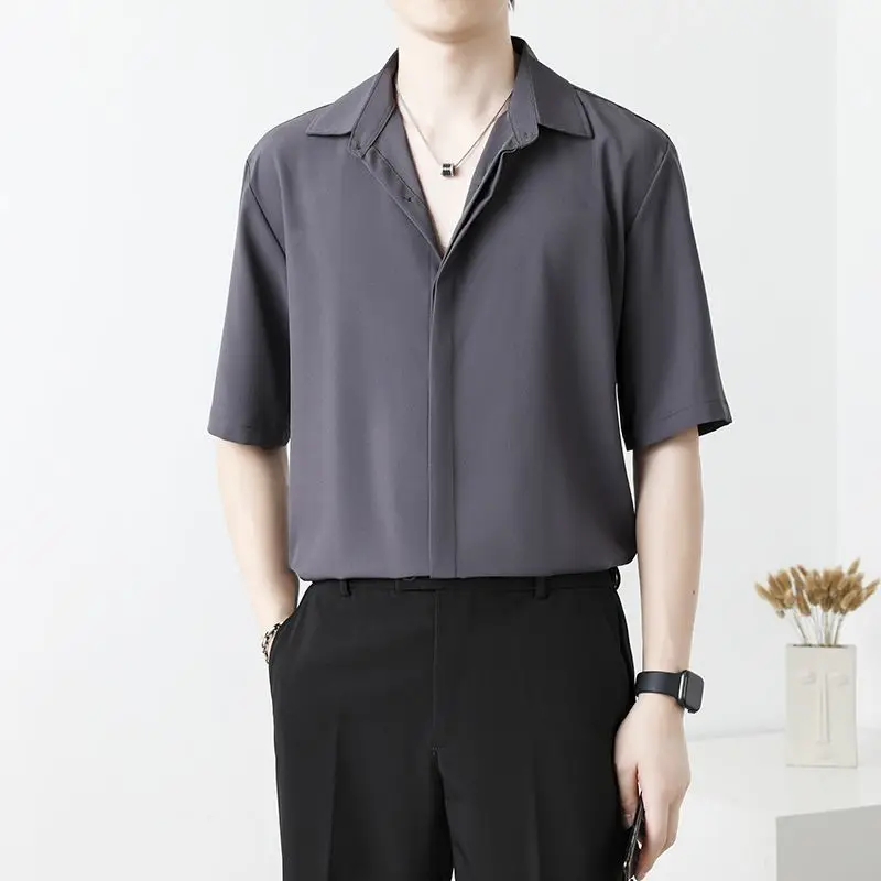 High-end Ice Silk Short-sleeved Shirt Summer Thin Cold Style Men's Solid Color Top Casual and Handsome Drooping