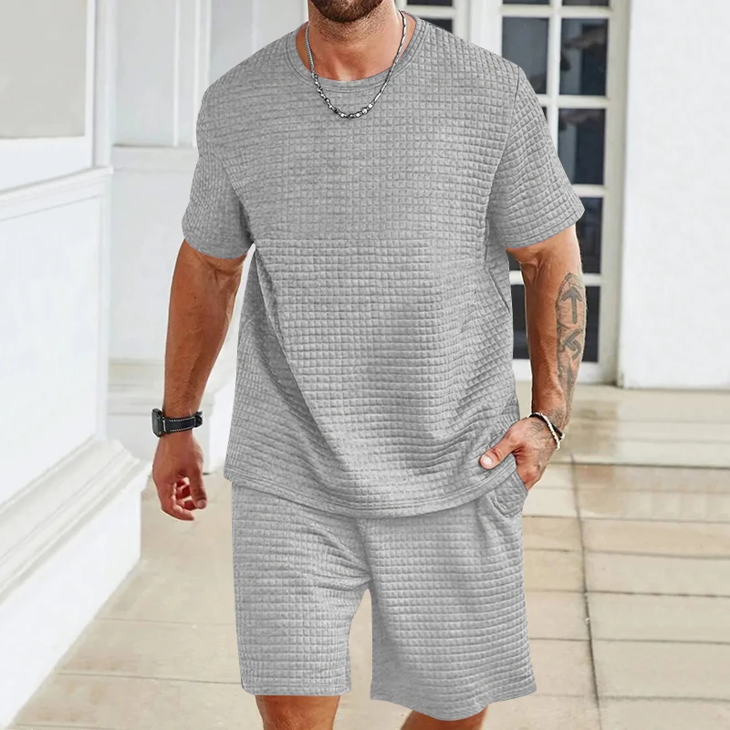 Summer Fashion Men\'s Set Jacquard Texture Men\'s Wear Crew-neck Short-sleeved T-shirt And Short Two-piece Set Free Shipping