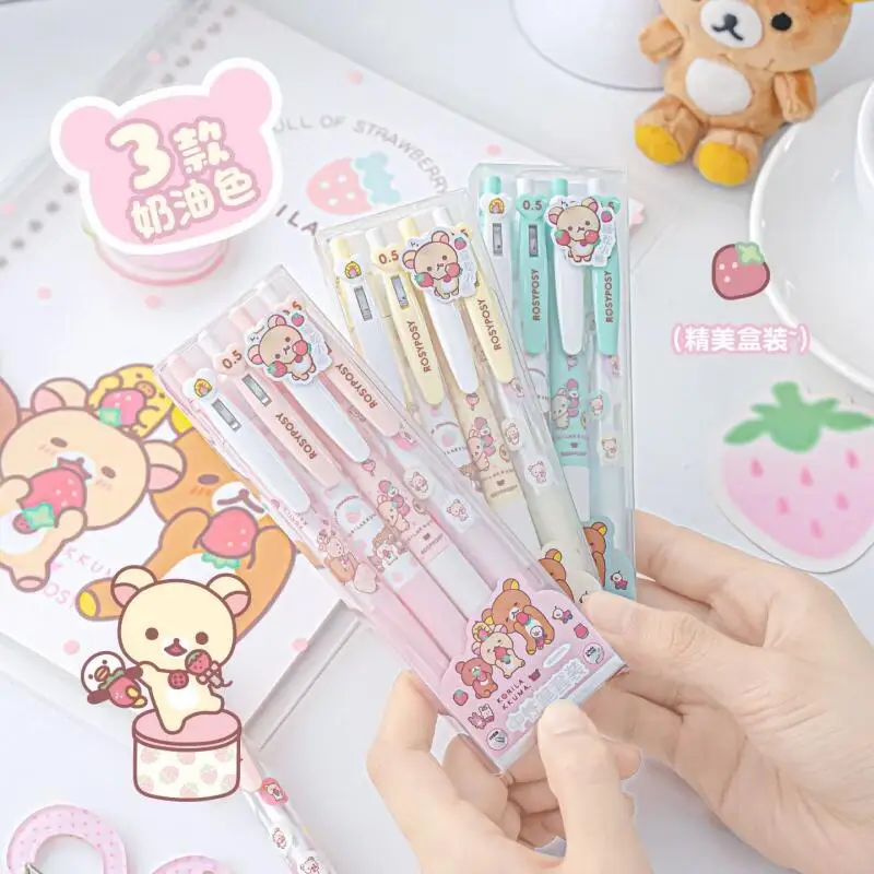 Image of Rilakkuma Korilakkuma Erdbeer-Cartoon-Muster Schwarzer Druckknopf-Neutralstift-Set für Glattes Schreiben, Notizen und Besondere Geschenke für Schüler