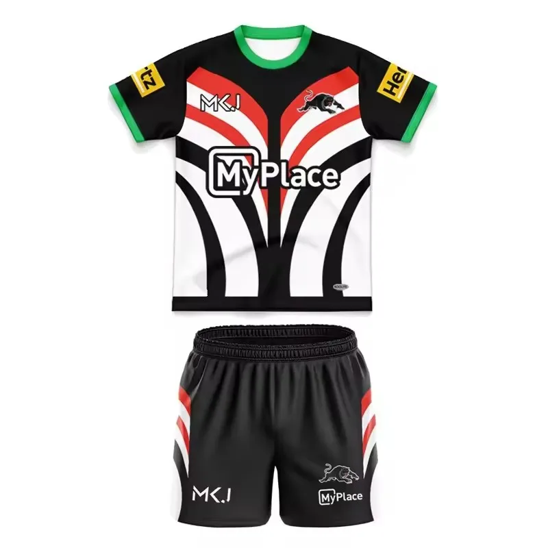 2025 Penrith Panthers 워밍업 티 키즈 키트 럭비 저지 사이즈: 16-26 (맞춤 이름 번호 인쇄)