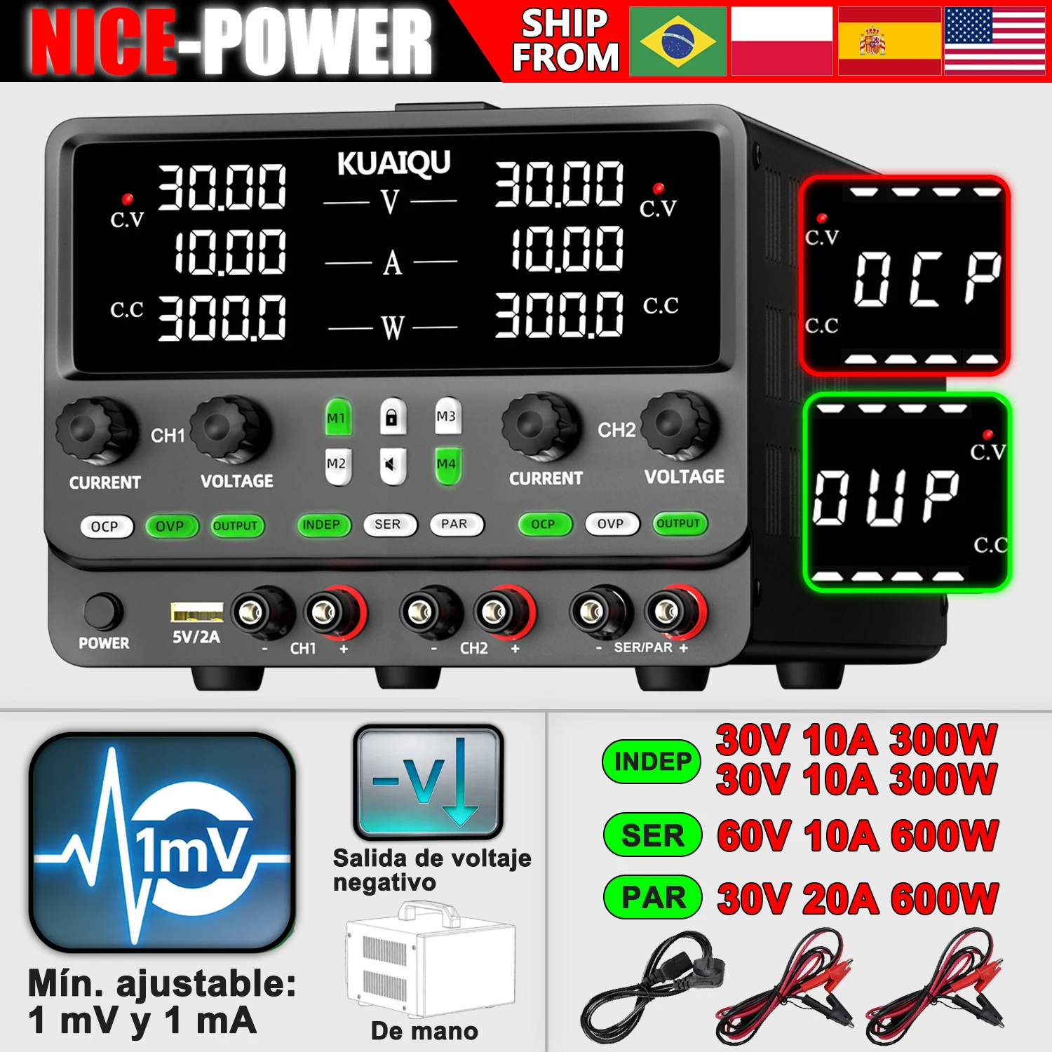 Fuente de alimentación de laboratorio DC ajustable de doble canal KUAIQU con OCP/OVP, salida de voltaje negativo, serie/paralelo