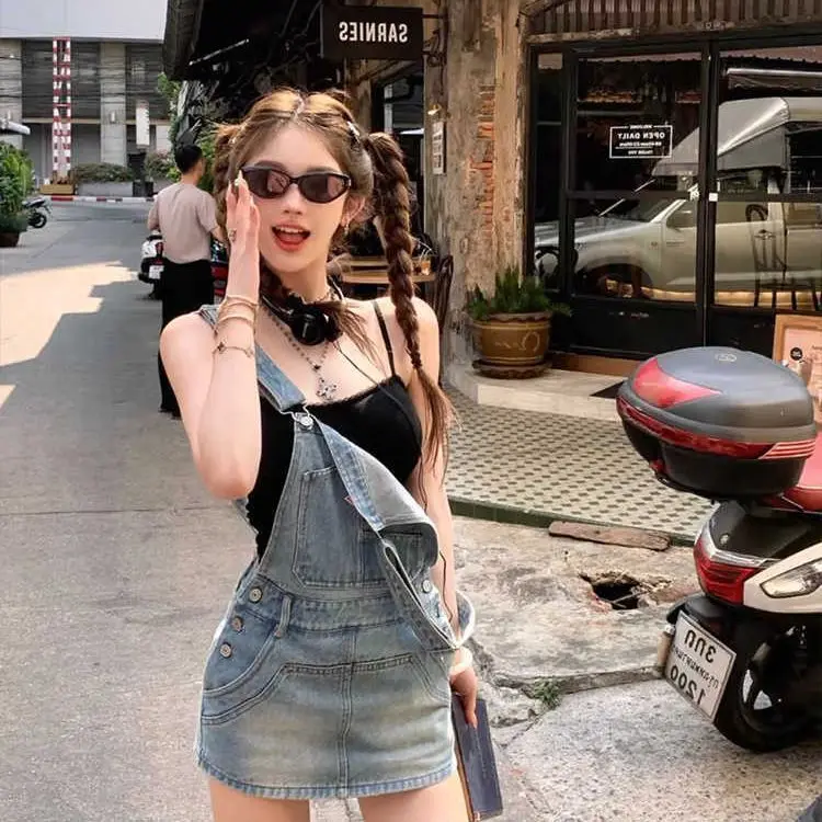 

Retro American Denim Overalls Women's Fashion Straight Wide Leg Jumpsuit Street Style Loose Workwear Trousers High Waist Shorts