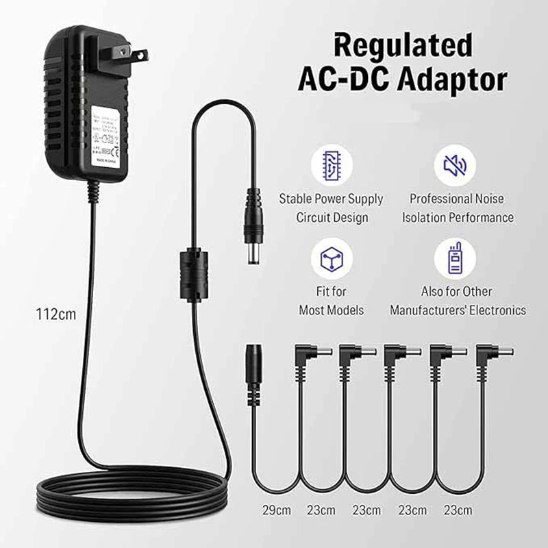 Adaptador de alimentação do pedal da guitarra, 9v dc, negativo 5 vias, cabos de margarida para efeito de guitarra