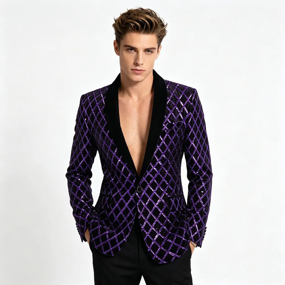 

Мужской фиолетовый пиджак-смокинг с пайетками, сценический костюм, однобортный, приталенный, в клетку, стильный, для певцов, выступлений, выпускных вечеров, ведущих, блейзер