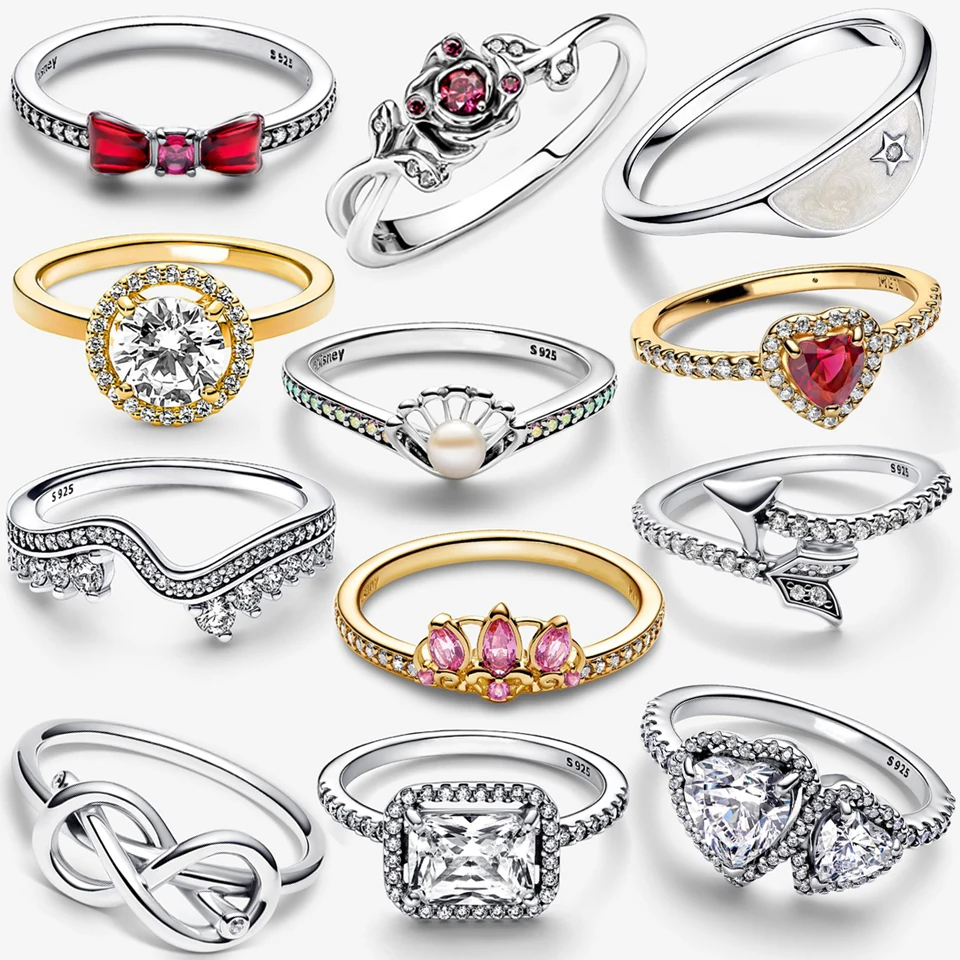 

2026 New 925 Silver Pink Sparkling Heart to Heart Gold Rose Princess Crown Star Ring Exquisite DIY Charm Jewelry Gift
