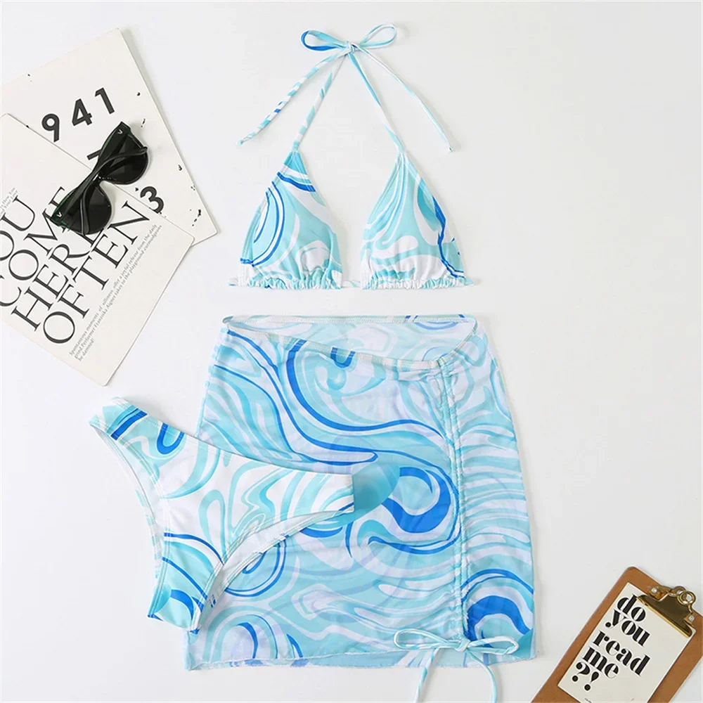 Lila Print Bikini Micro String Badeanzug Rock Damen Dreieck Bademode Tanga Rückenfrei Badeanzug 3-teilig Strand Sommer Outfits