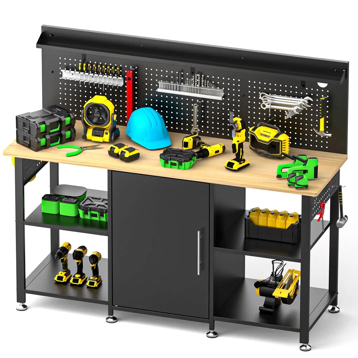 60 Inch Heavy Duty Workbench with Cabinet Wooden Top Pegboard Power Outlet 2000 lbs Capacity Wheels & Feet, Customized