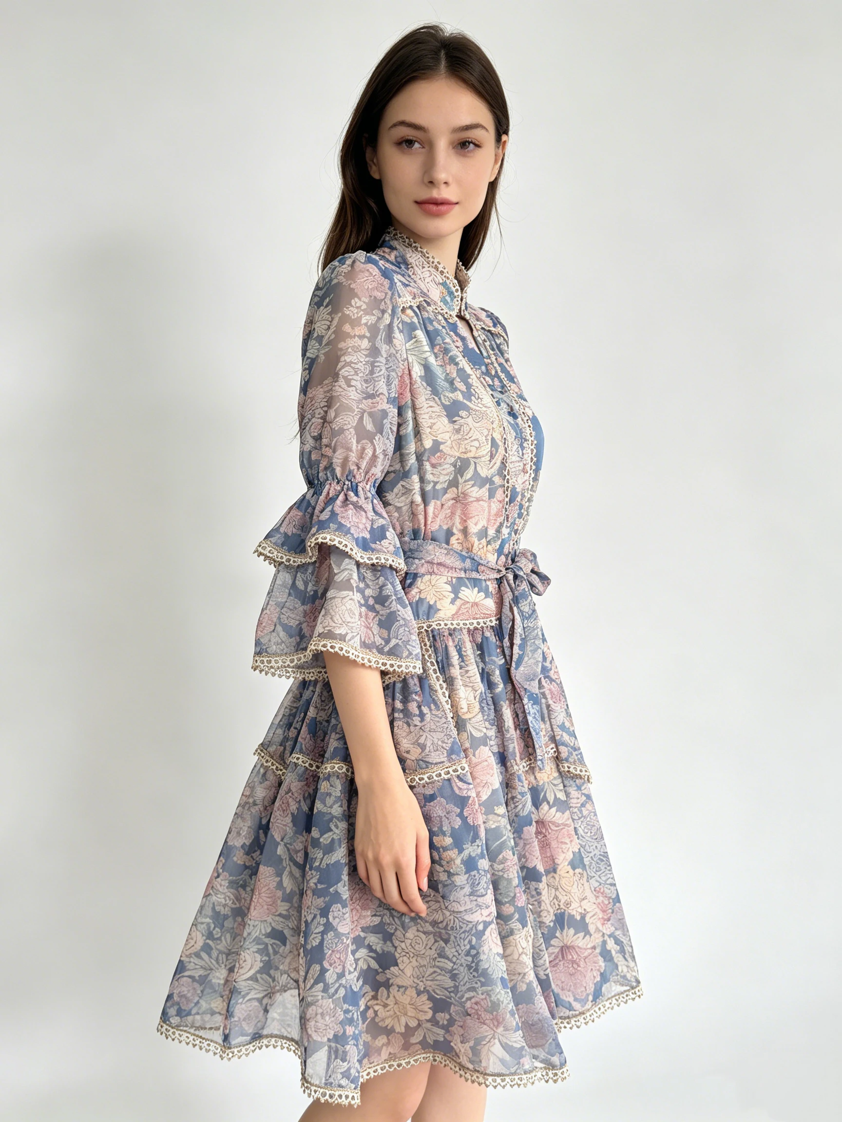 Vintage Blue Floral Chiffon Mini Dress Women Lace Trim Stand Collar Tiered Bell Sleeve Self Tie Waist Bohemian Holiday Party Sho
