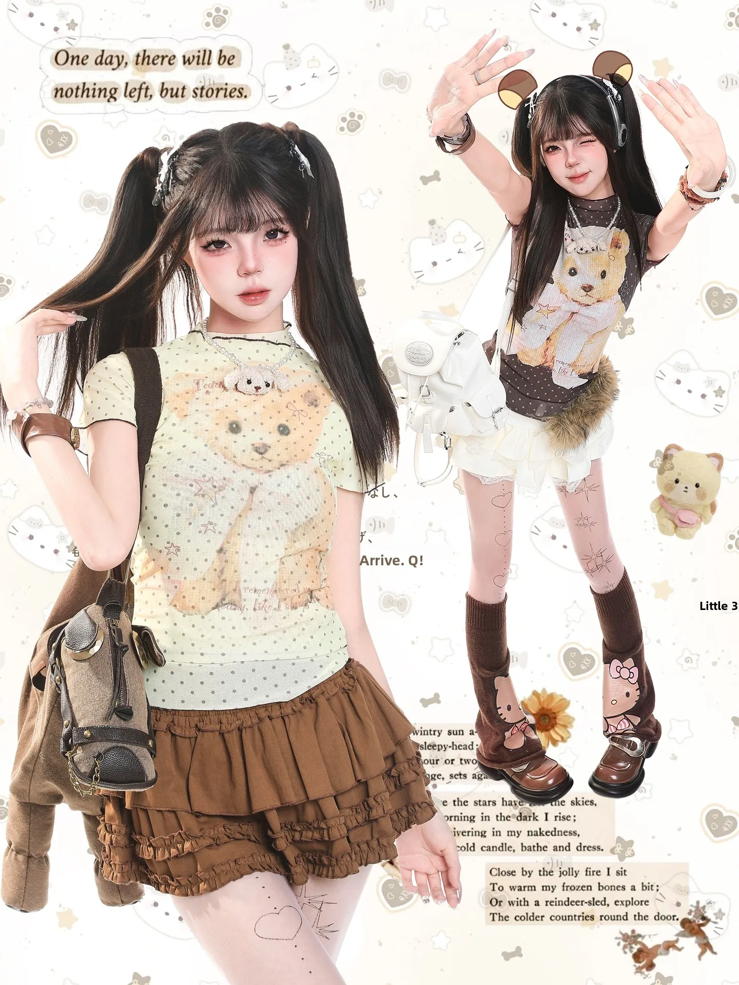 Sweet Bear Polka Dot Short Sleeve T-Shirt Women's Slim Fit Summer Design Casual Style Fake Two-Piece round Neck Top