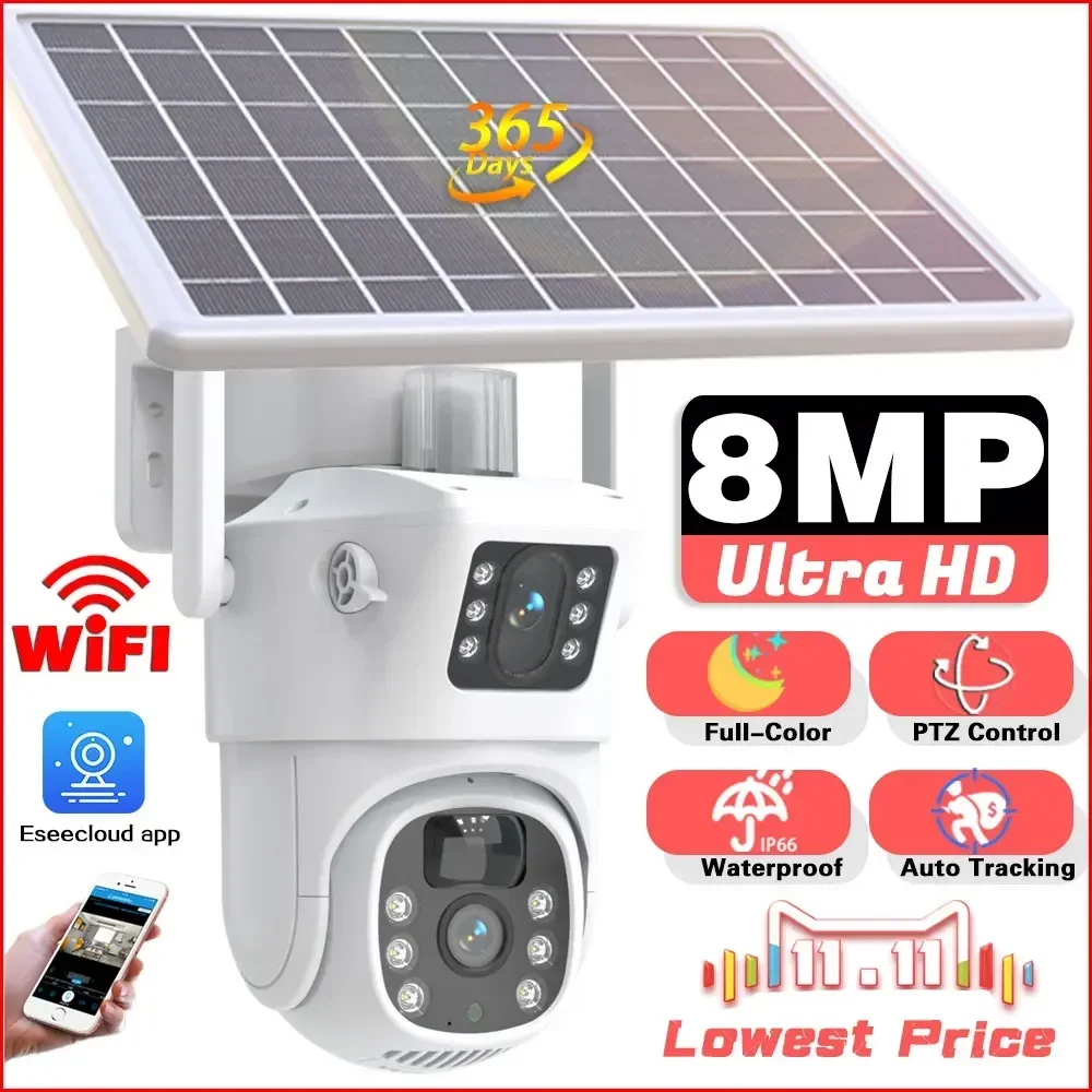 4K WIFI Solar Camera Battery Wireless IP Camera Outdoor PIR Detect Security PTZ Cam Waterproof Surveillance Camera Auto Tracking