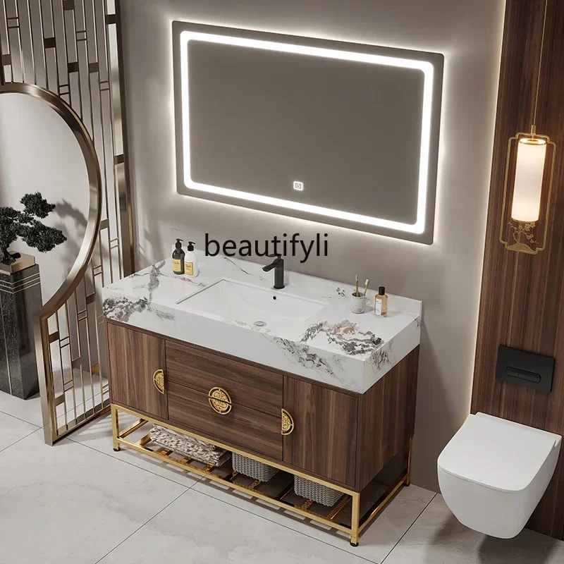 New Chinese rock slab bathroom cabinet Floor-to-ceiling face wash hand basin cabinet Intelligent light luxury wash tableHY