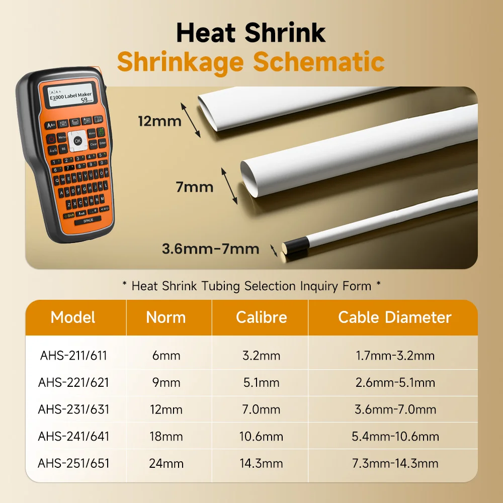 E1000 PRO Portable Heat Shrink Tube Label Printer Industrial Label Printer Compatible Brother HSE-231 HSE-631 for Marking Cables