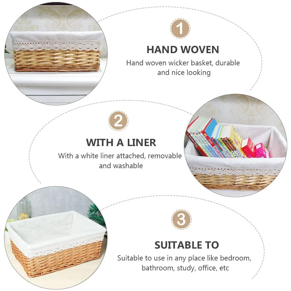 

35x25x13cm Willow Woven Basket Multipurpose Rectangular Storage Basket with Washable Removable Liner for Clothing Accessories